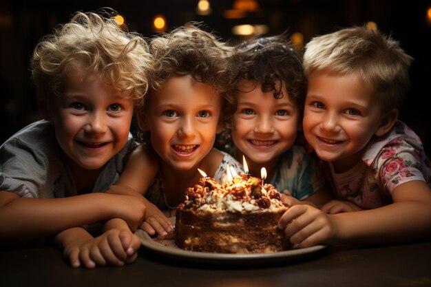 I bambini si divertono e si divertono intorno alla torta