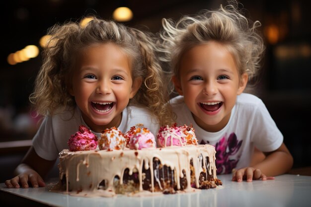 I bambini si divertono e si divertono intorno alla torta