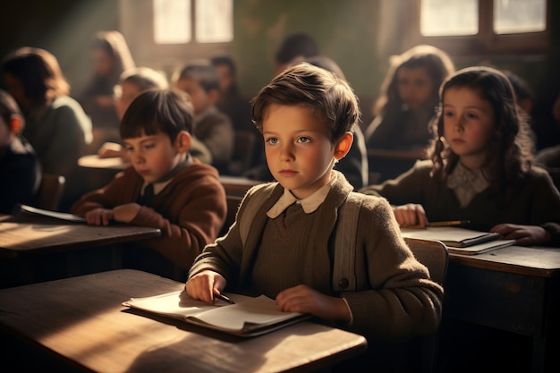 I bambini sono seduti ai banchi in classe a scuola torna a scuola ai generativa