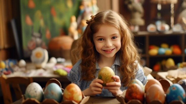 I bambini sorridono Colorando le sue uova di Pasqua con il pennello