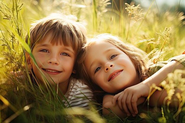 I bambini stanno sdraiati in un'area erbosa in estate