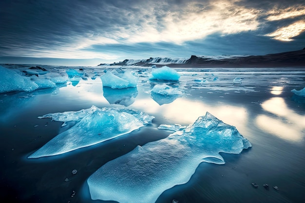 I banchi di ghiaccio blu trasparenti galleggiano nell'acqua dell'oceano al largo della spiaggia islandese