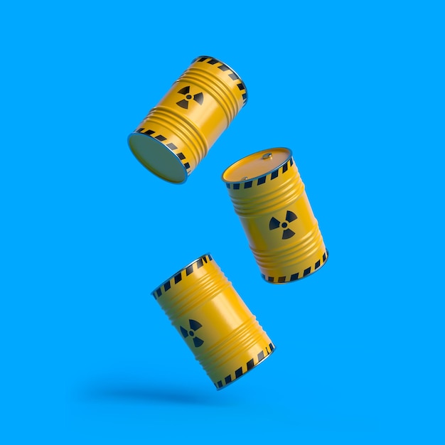 I barili gialli dei rifiuti radioattivi con il simbolo radioattivo cadono su uno sfondo blu, rendering 3D
