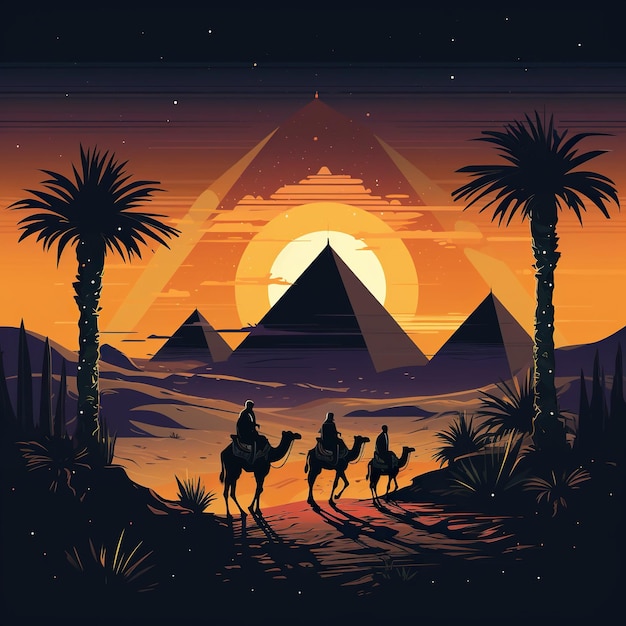 I beduini camminano di notte verso le piramidi egiziane sul cammello