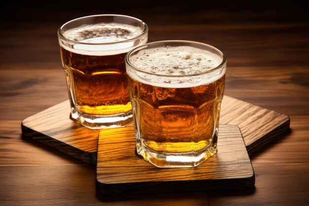 I bicchieri da birra su fondo in legno attendono un momento di divertimento rinfrescante