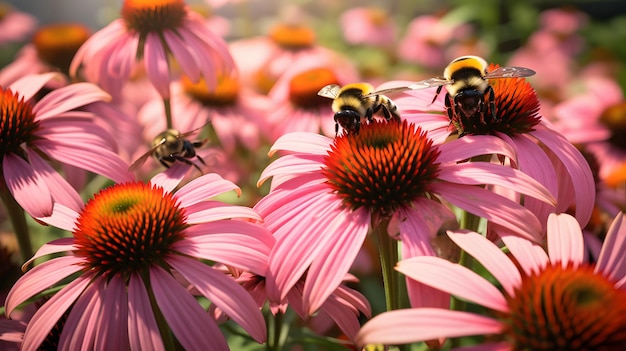 I bombi e i fiori di Echinacea si chiudono in su