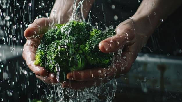 I broccoli freschi, sciacquati con un po' d'acqua, scintillano di goccioline.