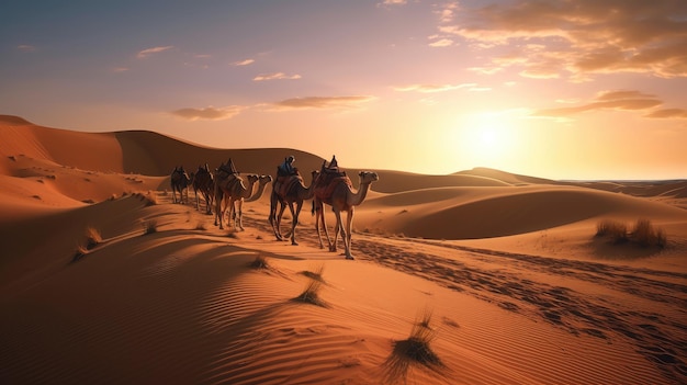 I cammelli camminano nel deserto al tramonto.