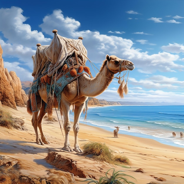 i cammelli sono in piedi su una spiaggia con un cielo blu e l'oceano sullo sfondo