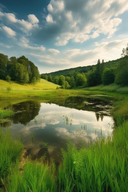 I campi, le colline e lo stagno creano uno straordinario paesaggio verde estivo IA generativa