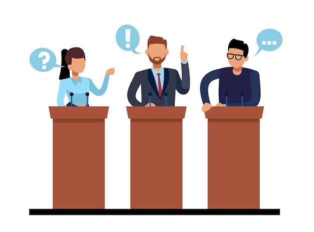 I candidati presidenziali si rivolgono ai loro sostenitori e tengono dibattiti politici Il leader del partito Uomo e donna in piedi alla tribuna delle elezioni governative Illustrazione piana a cartone animato Concetto vettoriale