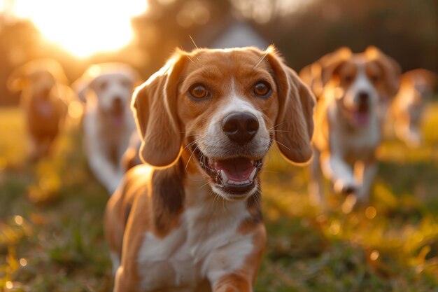 I cani beagle corrono sull'erba verde in estate