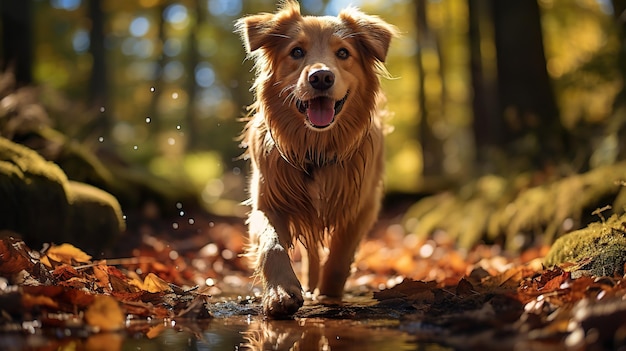 I cani camminano nella foresta autunnale o nel parco IA generativa