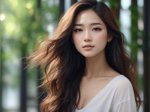 I capelli lunghi della giovane donna asiatica con trucco naturale sul viso hanno labbra carnose e pelle fresca e pulita