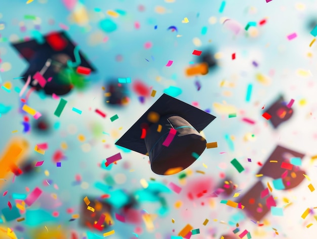 I cappelli di laurea galleggiano nell'aria con i confetti