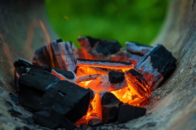 I carboni stanno bruciando nella griglia. Messa a fuoco selettiva. fuoco.