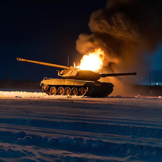 I carri armati T90 russi esplodono e bruciano la notte d'inverno su larga scala generata dall'AI