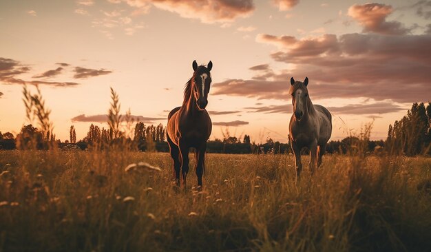 i cavalli al tramonto stanno su una collina in mezzo alla foresta