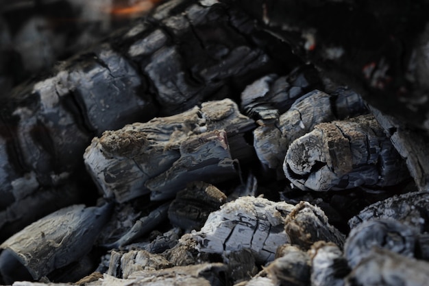 I ceppi bruciati bruciati in un fuoco vivido si chiudono sullo sfondo atmosferico con la fiamma del falò