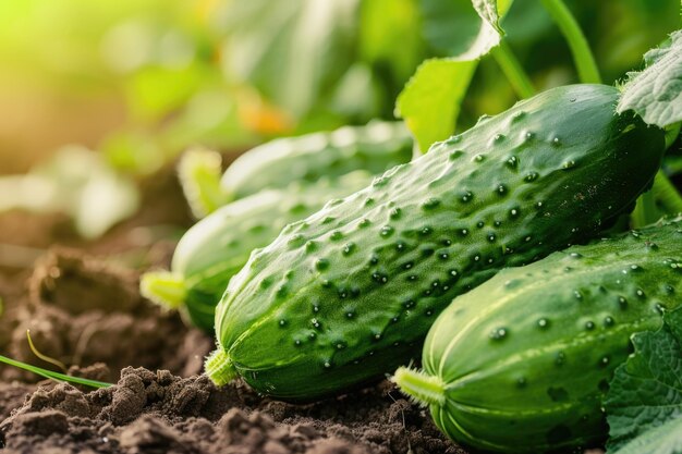 I cetrioli verdi rigogliosi che raggiungono il cielo crescono nella terra fertile di un giardino illuminato dal sole in una calda giornata estiva