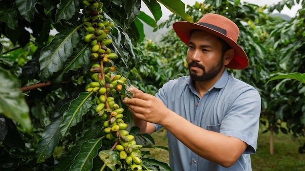 I chicchi di caffè arabica maturi sulla pianta e la raccolta del prodotto nel secchio degli agricoltori