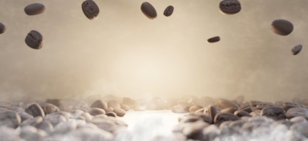 I chicchi di caffè arrostiti galleggiano nell'aria tranne lo spazio centrale, la parete in legno e lo sfondo del pavimento.