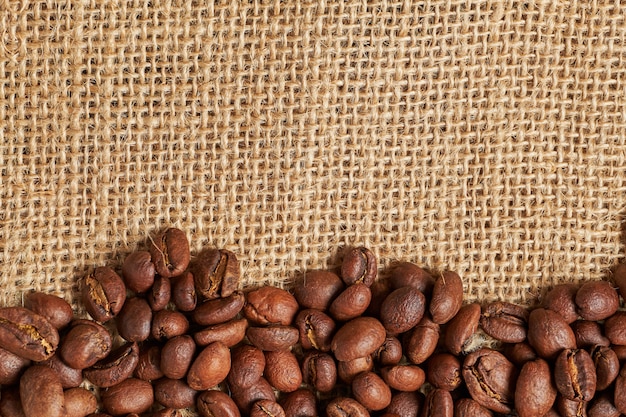 I chicchi di caffè arrostiti si trovano su un fondo tricottato del tessuto