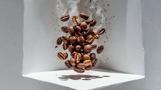 I chicchi di caffè levitano su uno sfondo bianco