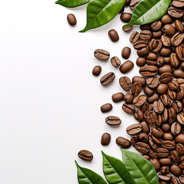 i chicchi e le foglie di caffè sono disposti su uno sfondo bianco