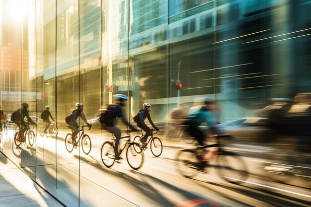 I ciclisti della città passano velocemente davanti ai grattacieli godendosi l'esercizio fisico