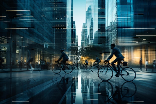 I ciclisti della città passano velocemente davanti ai grattacieli godendosi l'esercizio fisico