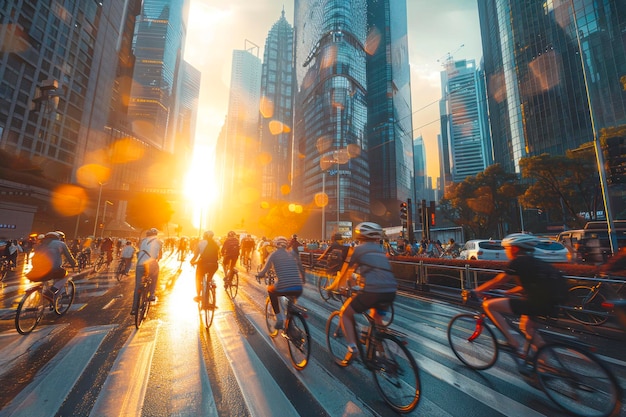 I ciclisti urbani attraversano le strade della città per un pendolare mattutino neutro di carbonio