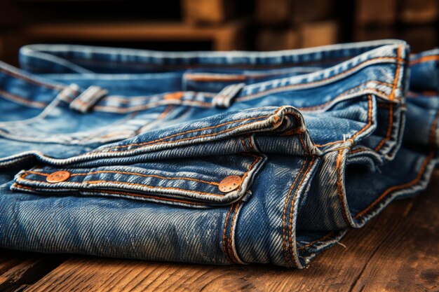 I classici pantaloni in denim blu su uno sfondo rustico in legno creano un contrasto senza tempo