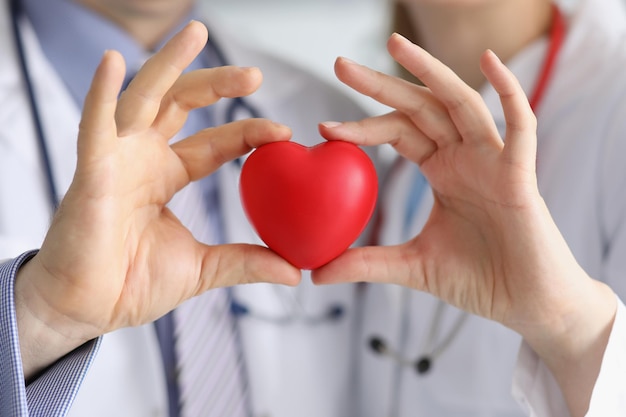 I colleghi degli operatori sanitari tengono insieme un cuore rosso di plastica
