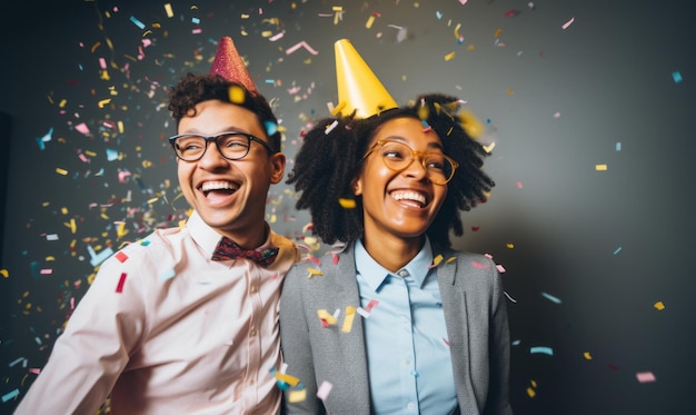 I colleghi della festa in ufficio e il team aziendale celebrano insieme il successo e i risultati aziendali