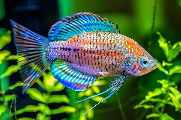 I colorati pesci gourami in un acquario piantato