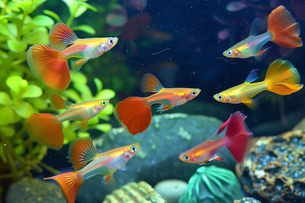 I colorati pesci guppy nell'acquario della comunità