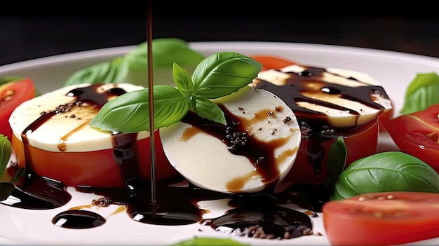 I colori e i sapori vibranti di questa insalata caprese fredda allieteranno sicuramente qualsiasi pasto Realizzata con pomodori maturi cremosa mozzarella Generato da AI