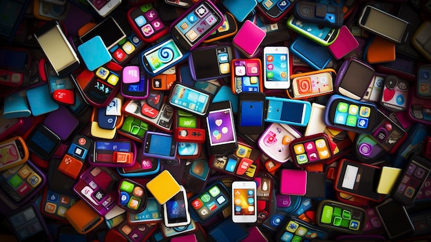 I colori e le forme vivaci di una collezione di smartphone che mostrano applicazioni popolari per i social media