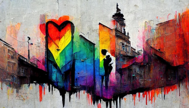 I colori generativi della bandiera dell'orgoglio LGBT dell'IA arcobaleno come graffiti sull'arte di Wall Street Ink graffiti art