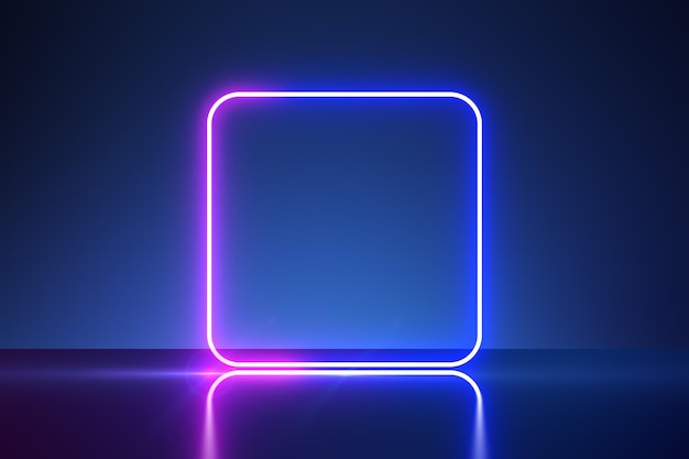 I colori luminosi al neon hanno illuminato la cornice quadrata morbida con spazio per il tuo logo o testo su sfondo bianco muro blu scuro Rendering 3D mock up