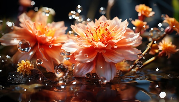 I colori vibranti del bouquet della natura si riflettono nello stagno umido generato dall'intelligenza artificiale