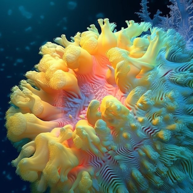 I coralli dai colori vivaci sono nell'acqua con uno sfondo blu generativo ai