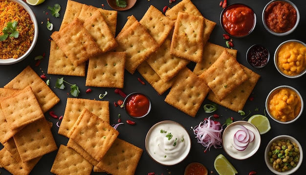 i cracker e le salse sono su un vassoio nero con una varietà di ingredienti