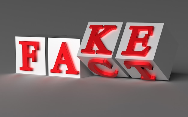 I cubi con le lettere si capovolgono e le parole cambiano da FACT a FAKE. Rendering 3D