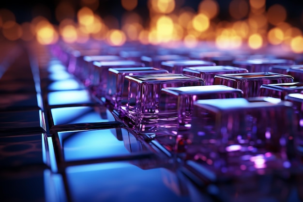 i cubi di vetro viola sono allineati su un'intelligenza artificiale generativa della tastiera nera