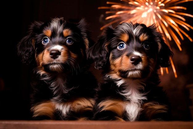 I cuccioli di cane che sono stupiti dai fuochi d'artificio