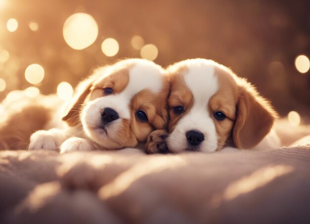 I cuccioli di Golden Retriever riposano su uno sfondo minimalista.