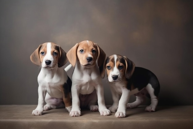I cuccioli tricolori Beagle posano carini cani bianchi e neri o animali domestici che giocano sullo sfondo grigio