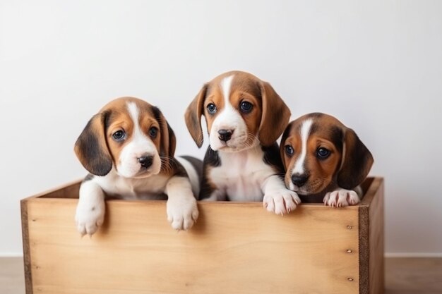 I cuccioli tricolori di Beagle posano in una scatola di legno, cani carini o animali domestici che giocano sulla parete bianca, sembrano attenti e giocosi, concetto di movimento, movimento, azione, spazio negativo.